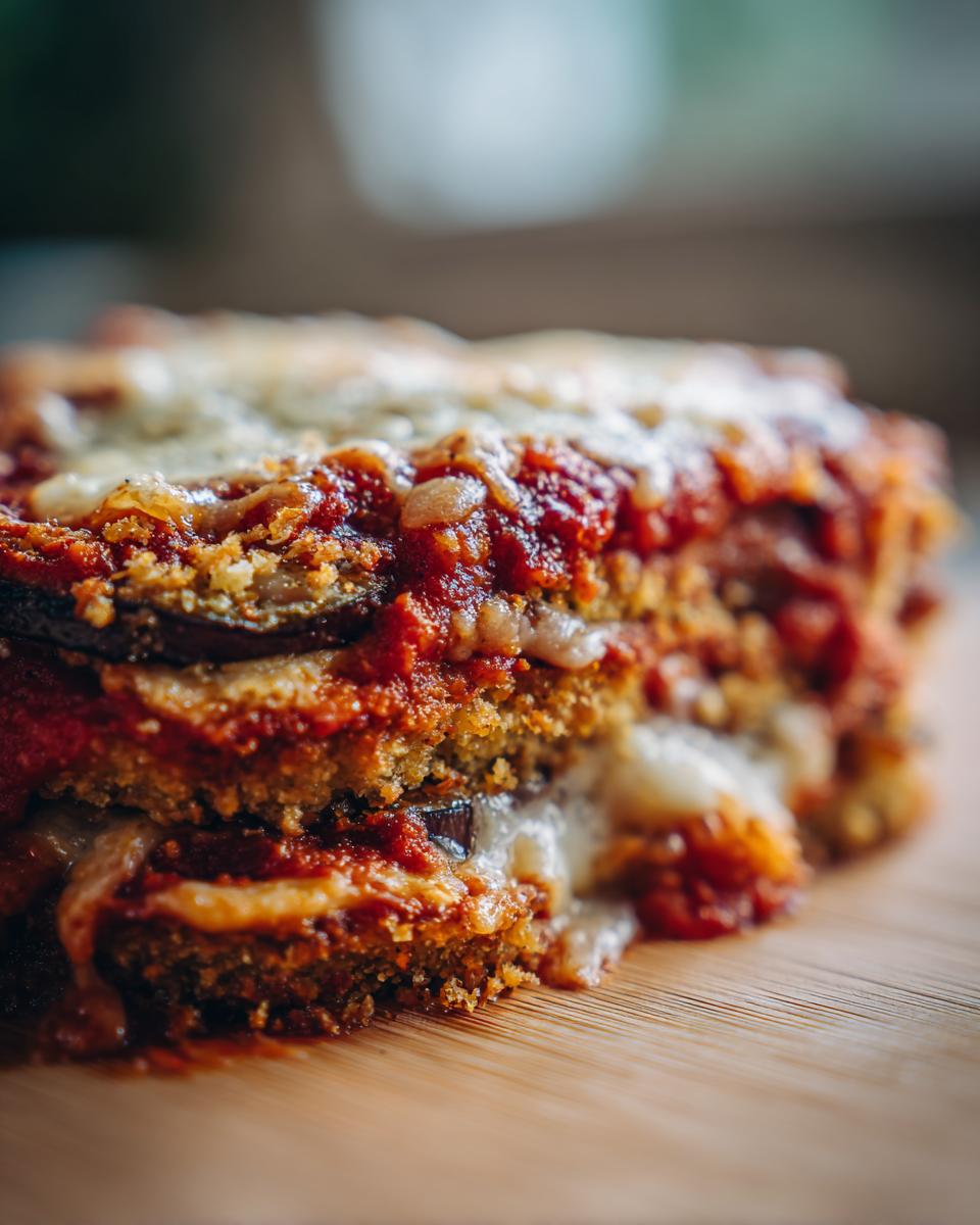 Close-up of a slice of Eggplant Parmesan Casserole with melted cheese and marinara sauce.