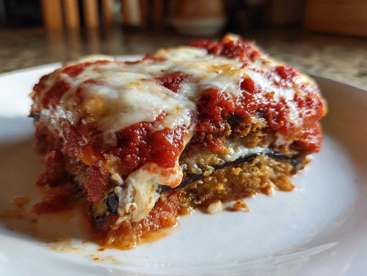 A close-up of a hearty slice of Eggplant Parmesan Casserole, topped with melted cheese and marinara sauce.