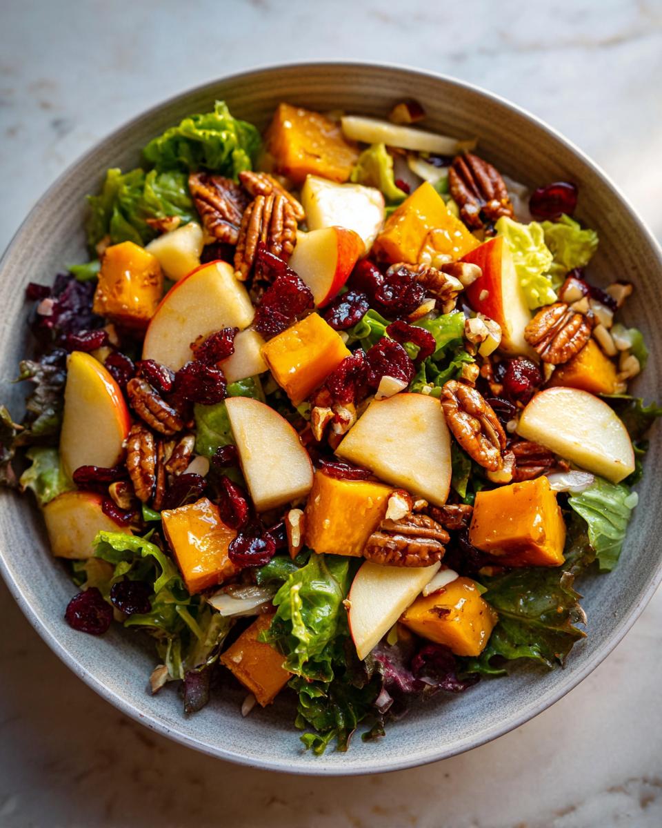 A vibrant Fall harvest salad in a bowl, featuring roasted butternut squash, crisp apple slices, dried cranberries, and toasted pecans on a bed of mixed greens.
