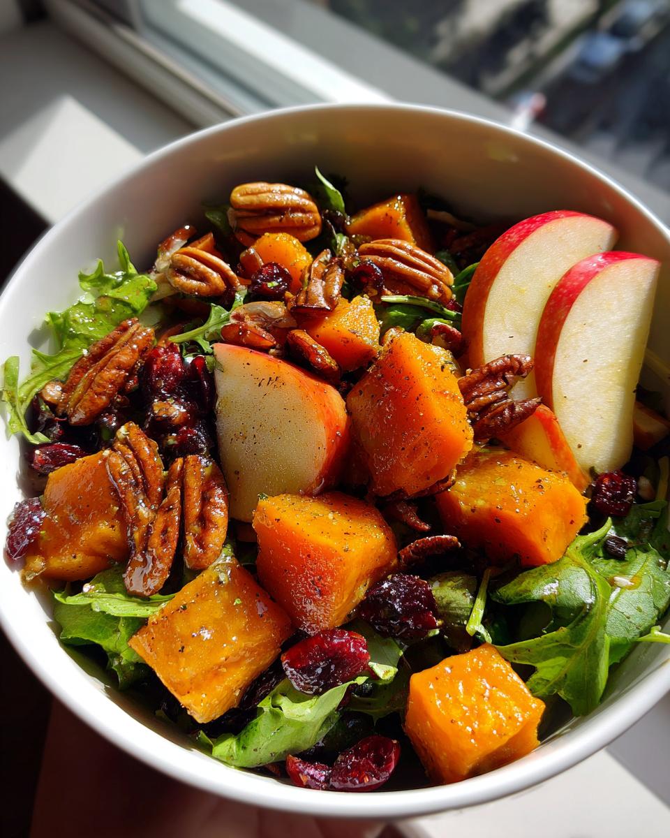 A vibrant Fall harvest salad in a white bowl, featuring roasted butternut squash, pecans, dried cranberries, and apple slices on a bed of greens.