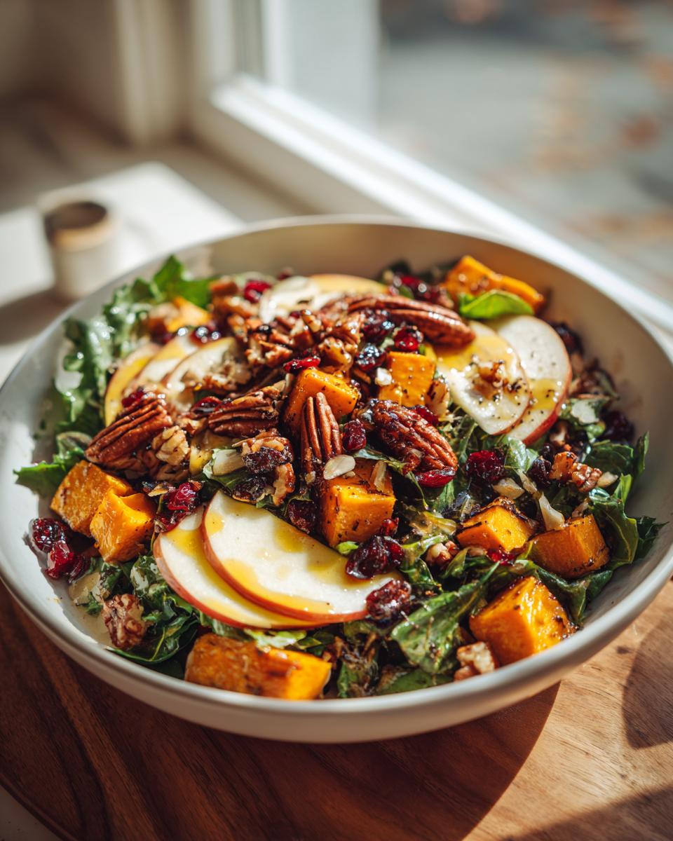 A vibrant Fall Harvest Salad in a white bowl, featuring roasted butternut squash, apple slices, pecans, and dried cranberries.