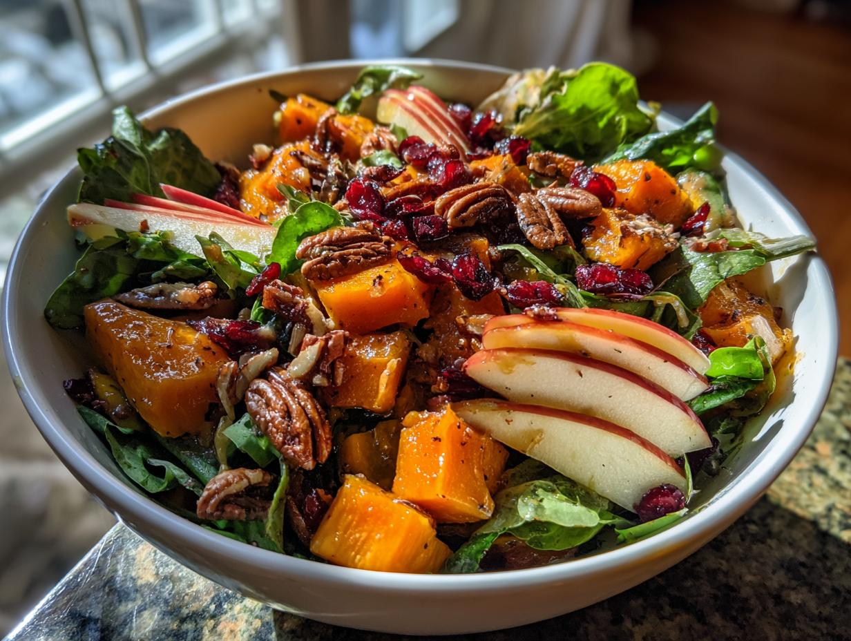 A vibrant bowl of Fall Harvest Salad featuring roasted butternut squash, crisp apple slices, pecans, and dried cranberries.
