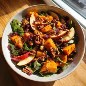 A close-up of a Fall Harvest Salad featuring roasted butternut squash, apple slices, dried cranberries, and toasted pecans on a bed of greens.