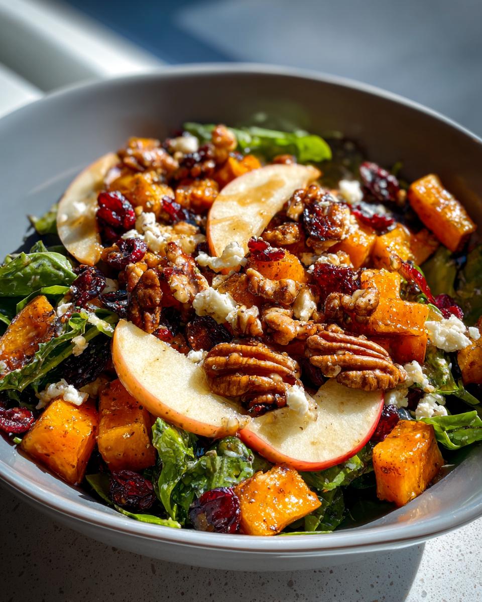 A close-up of a vibrant Fall Harvest Salad featuring roasted butternut squash, apples, cranberries, walnuts, and feta cheese.
