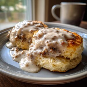 Two fluffy biscuits generously topped with creamy sausage gravy, a classic Southern breakfast.