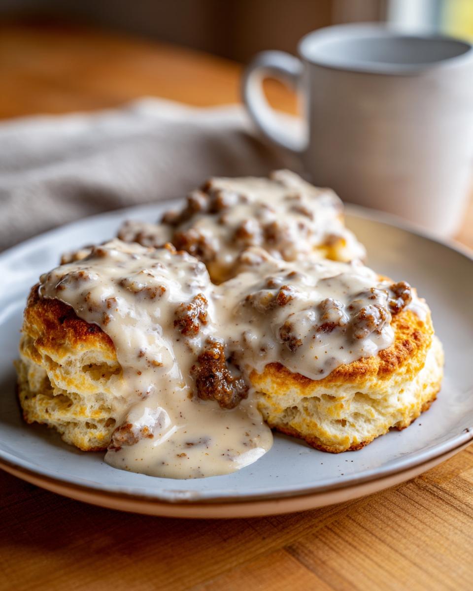 Three fluffy biscuits smothered in creamy sausage gravy, a classic Southern biscuits and gravy dish.