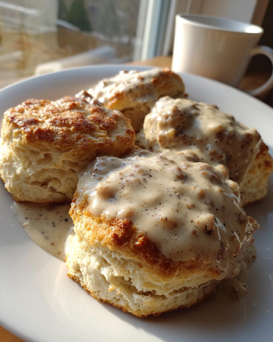 Close-up of fluffy biscuits smothered in creamy sausage gravy, a classic Southern breakfast.