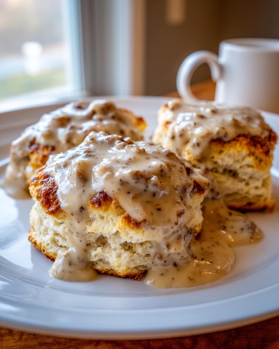 Three fluffy biscuits smothered in creamy sausage gravy, a classic Southern breakfast.