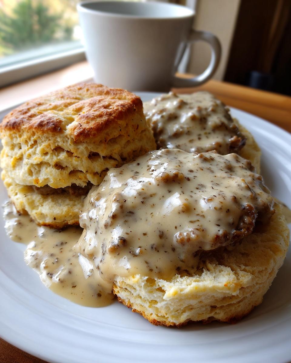 Close-up of fluffy biscuits smothered in creamy sausage gravy, a classic Southern breakfast.