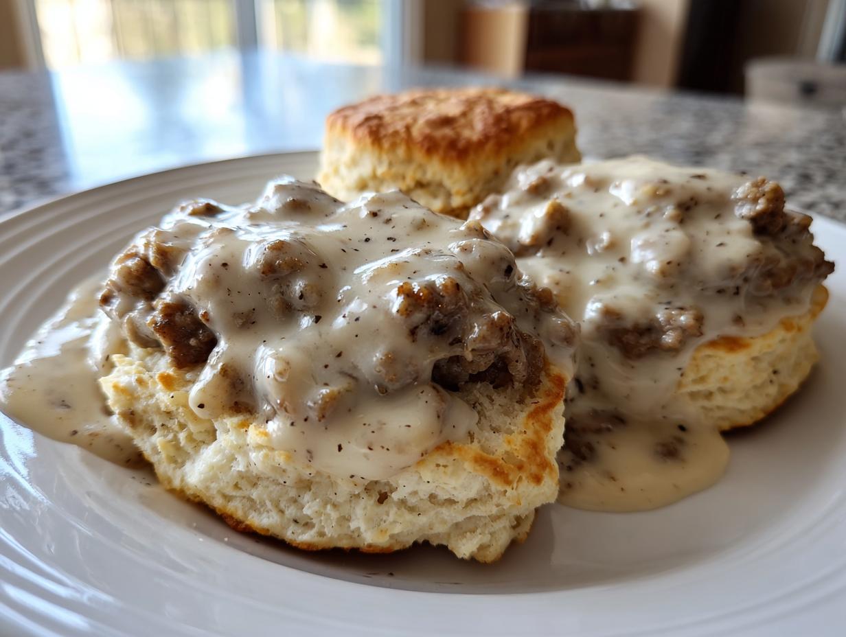 Close-up of fluffy biscuits smothered in creamy sausage gravy, a classic Southern dish.