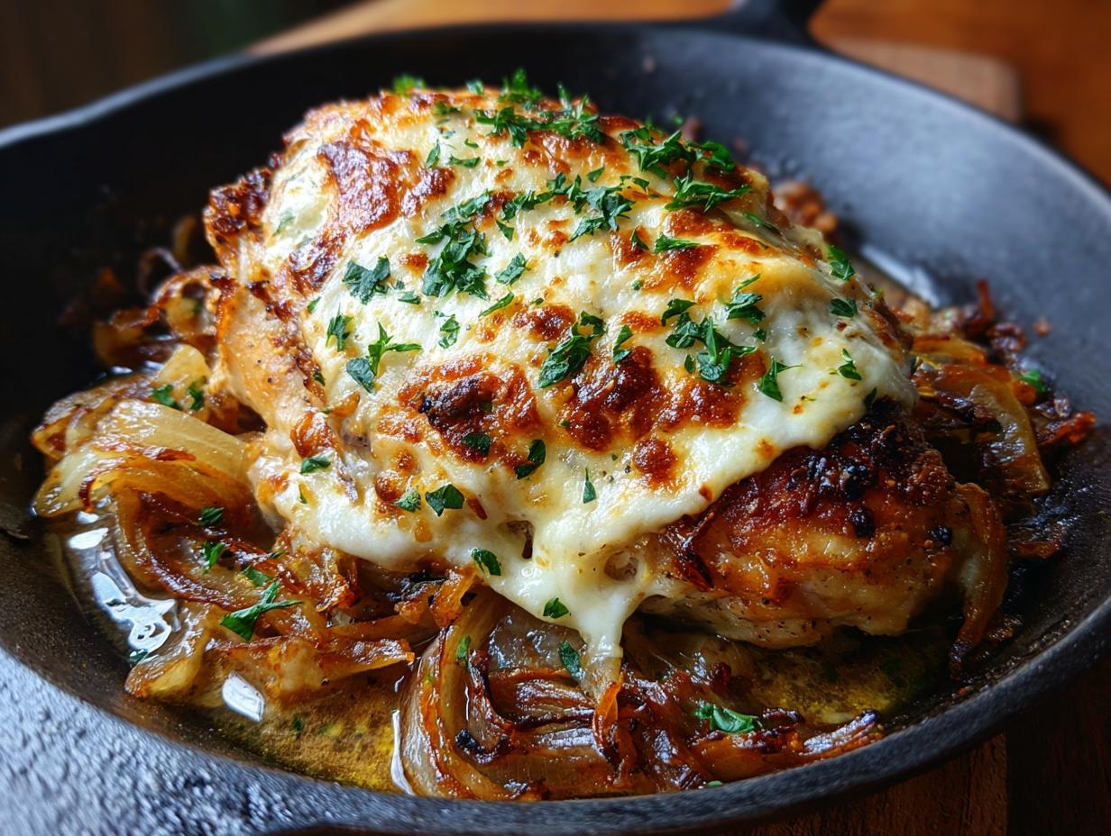 A close-up of French Onion Chicken baked in a cast iron skillet, topped with melted, browned cheese and parsley.