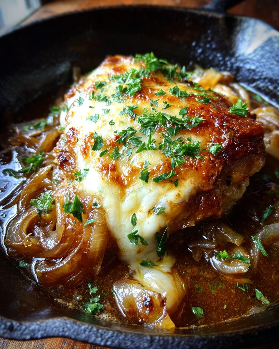 Close-up of French Onion Chicken in a cast iron skillet, topped with melted cheese and parsley.
