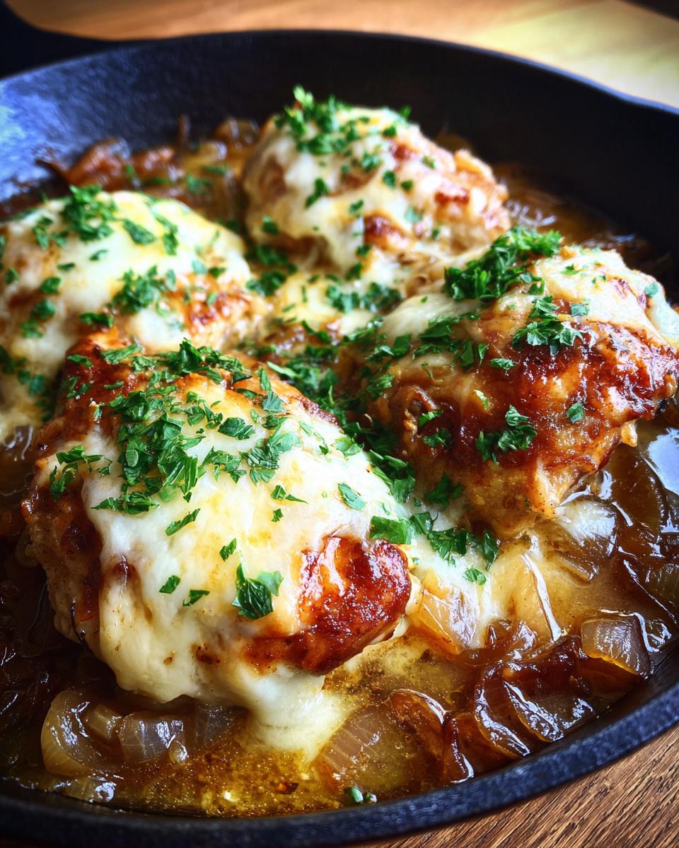 Close-up of gooey French Onion Chicken in a cast iron skillet, topped with melted cheese and parsley.