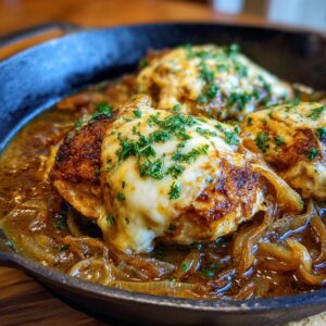 Close-up of gooey French Onion Chicken topped with melted cheese and parsley in a cast iron skillet.