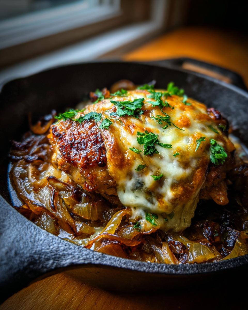 A close-up of French Onion Chicken in a cast iron skillet, topped with melted cheese and fresh parsley.
