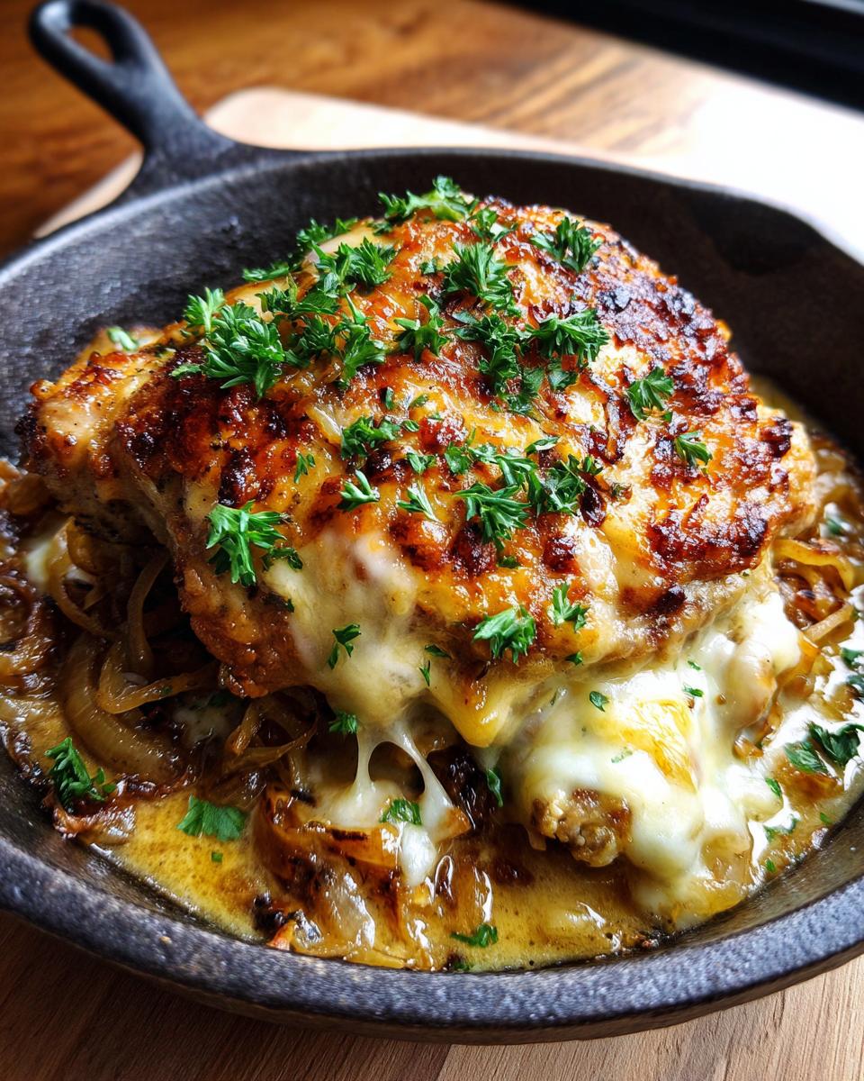 A close-up of French Onion Chicken in a cast iron skillet, topped with melted cheese and parsley.