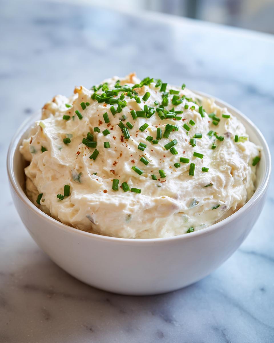 A close-up of a white bowl filled with creamy French onion dip, garnished with fresh chives and a dusting of paprika.