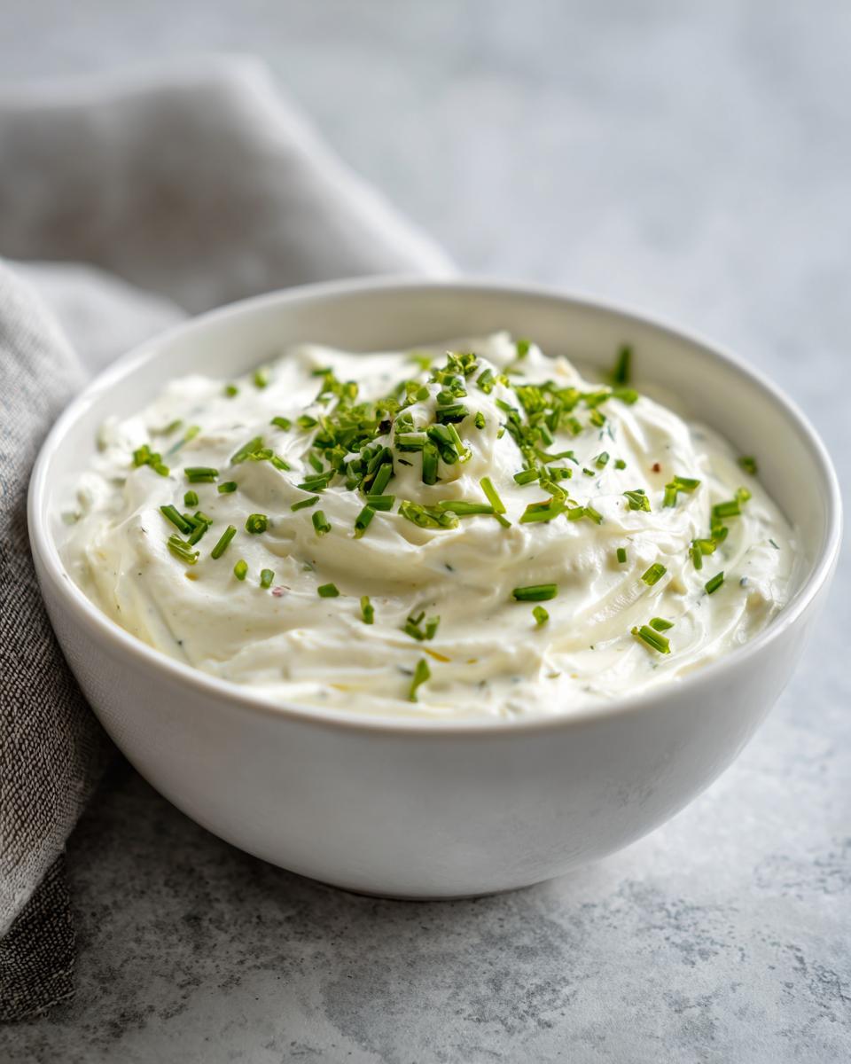 A white bowl filled with creamy French onion dip, generously topped with fresh chives.
