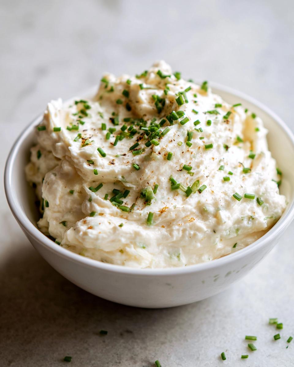 A close-up of a bowl of creamy French onion dip topped with fresh chives and a sprinkle of pepper.