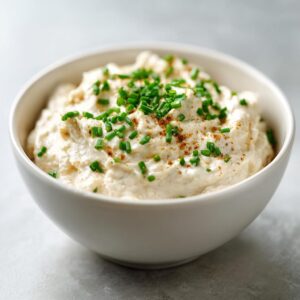 A white bowl filled with creamy French onion dip, topped with fresh chives and a sprinkle of seasoning.