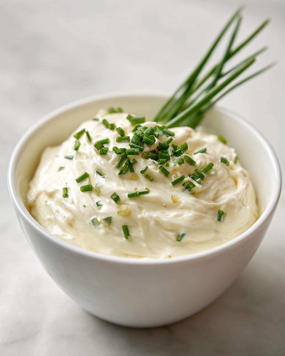A bowl of creamy French onion dip topped with fresh chives and a hint of garlic.