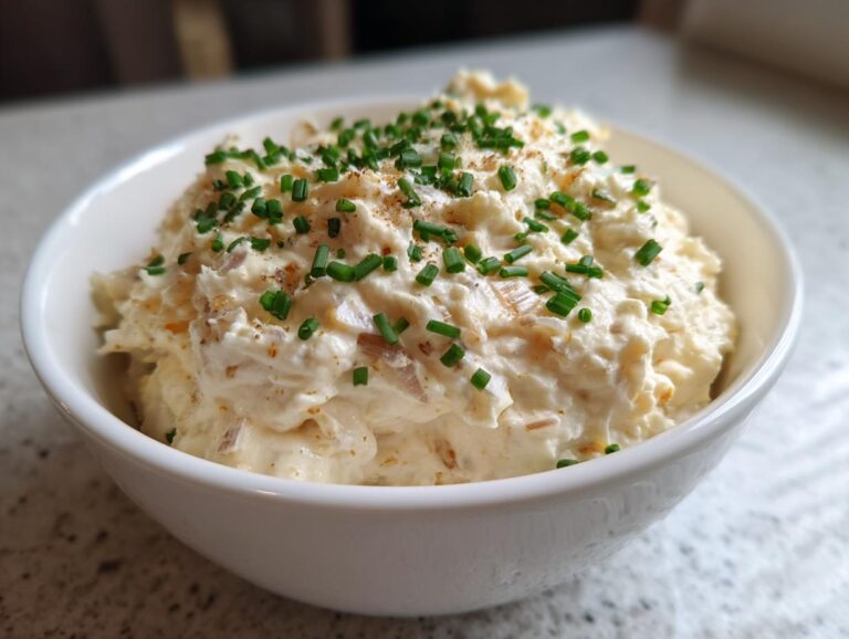 A white bowl filled with creamy French onion dip, topped with fresh chives and a sprinkle of seasoning.