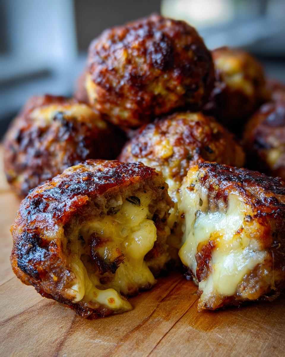 Close-up of a French Onion Meatball cut in half, revealing a gooey, melted cheese center.