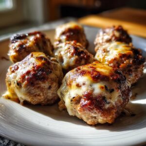 Close-up of golden-brown French Onion Meatballs topped with melted, bubbly cheese on a white plate.