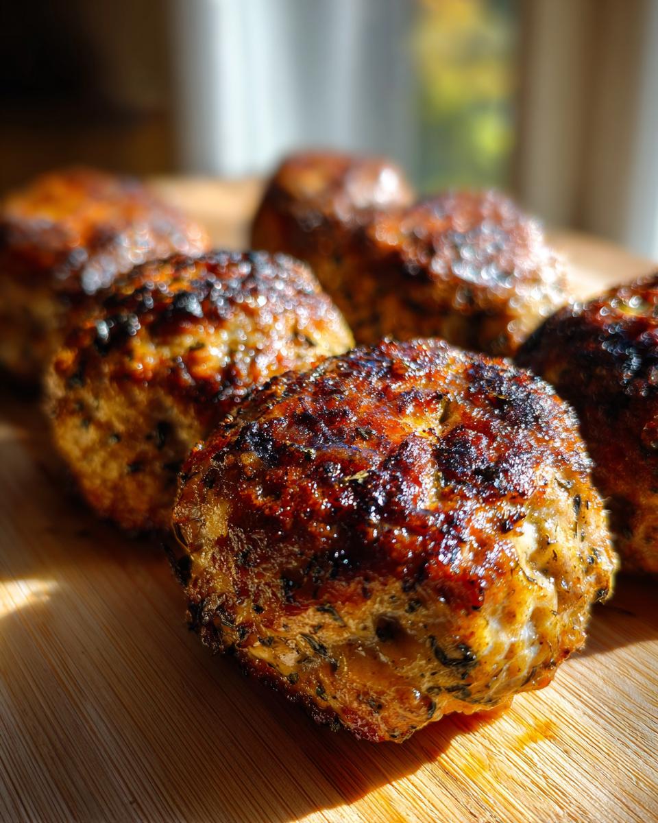 A close-up of perfectly cooked French Onion Meatballs, glistening and browned on a wooden board.