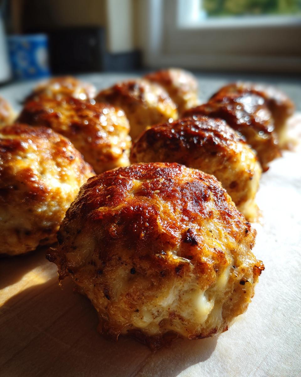 Close-up of golden-brown French Onion Meatballs, showing a slightly crispy exterior and melted cheese.