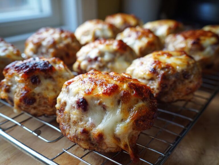 Close-up of golden-brown French Onion Meatballs topped with bubbling, melted cheese on a cooling rack.