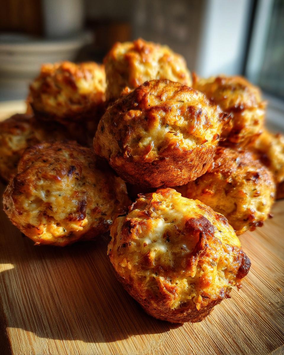 A close-up of golden brown French Onion Meatballs stacked on a wooden cutting board, with a soft focus background.