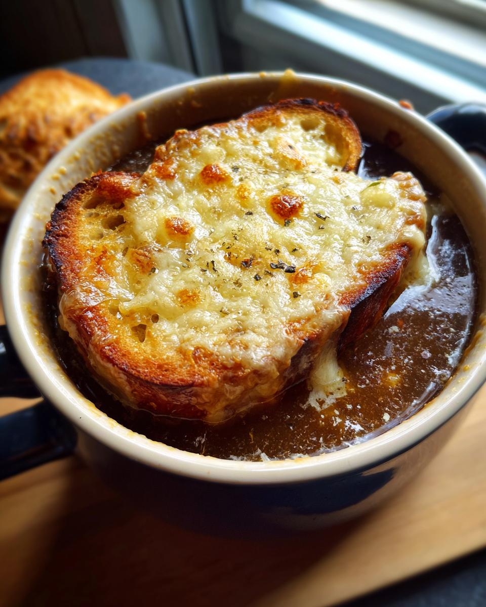 Close-up of a steaming bowl of French Onion Soup topped with a golden-brown, cheesy crouton.