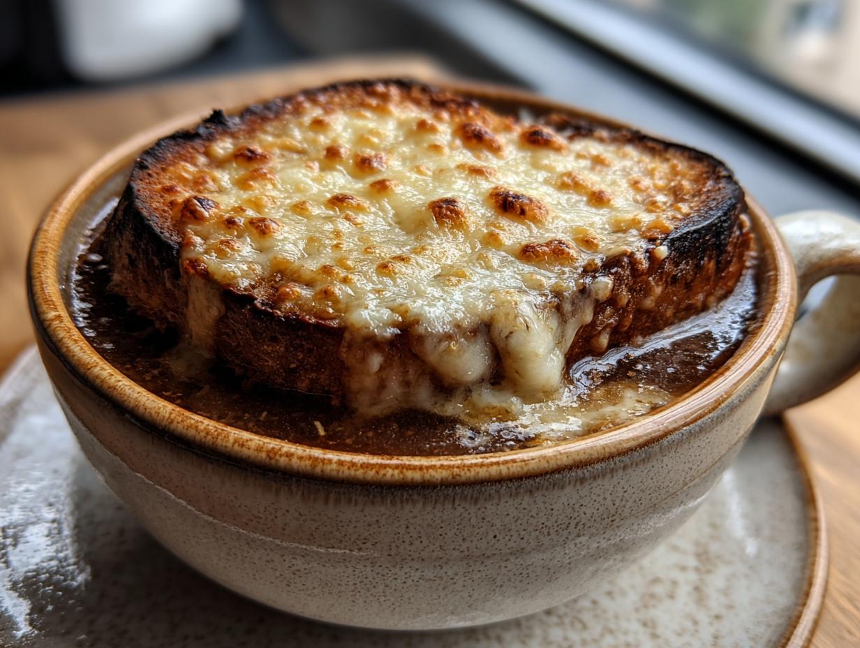 A close-up of a steaming bowl of French onion soup topped with perfectly melted and browned cheese.