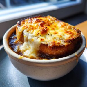 A close-up of a steaming bowl of French onion soup topped with a thick layer of melted, golden-brown cheese and a crouton.
