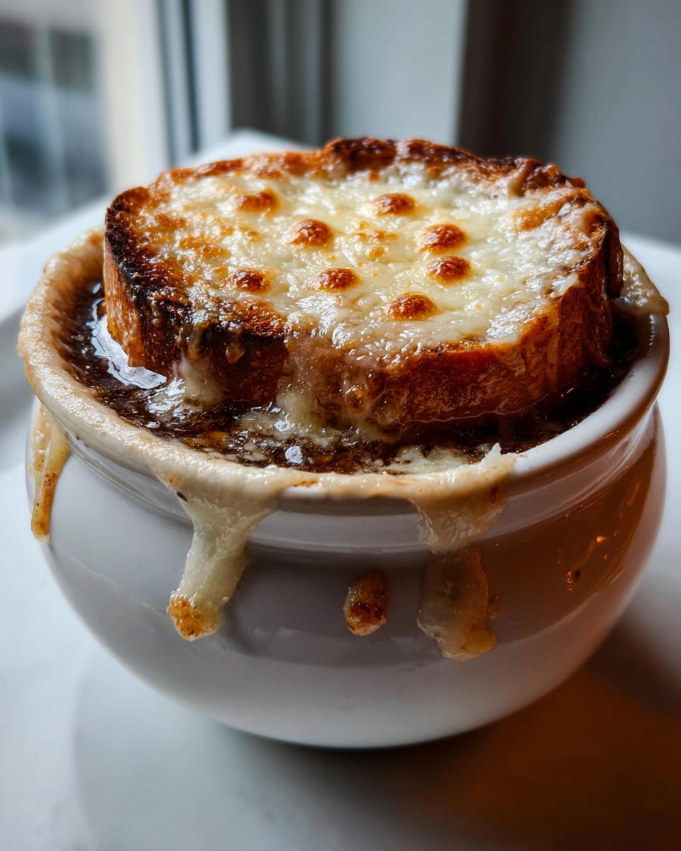 A close-up of a steaming bowl of French Onion Soup topped with a thick layer of melted, bubbly cheese and a toasted crouton.