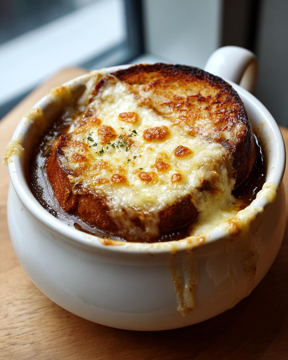 A close-up of a steaming bowl of French onion soup topped with a thick layer of melted, golden-brown cheese and a toasted crouton.