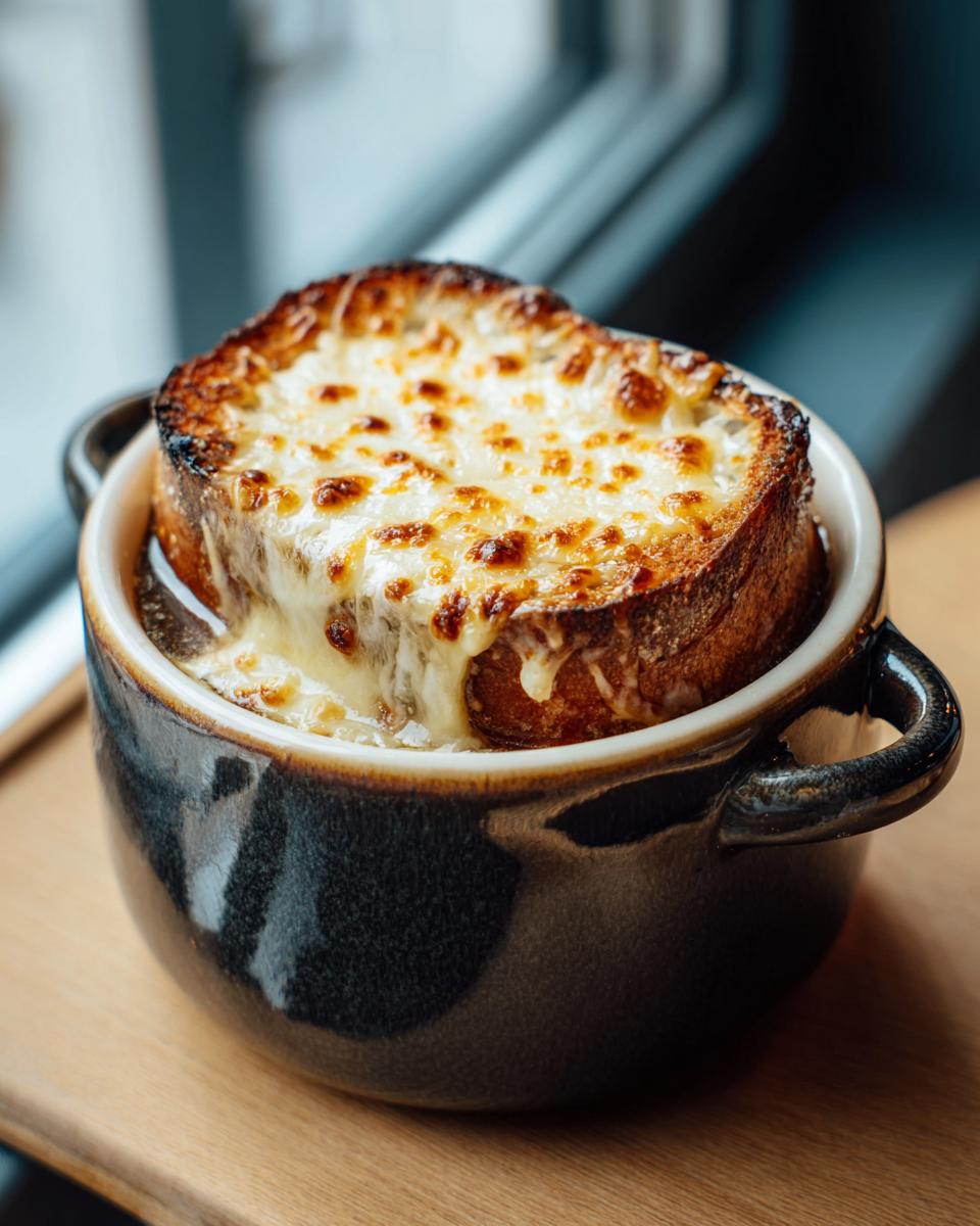 Close-up of a steaming bowl of French onion soup topped with a thick layer of melted, golden-brown cheese and toasted bread.