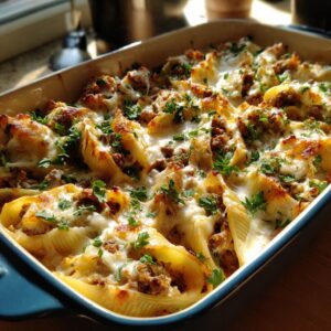 Close-up of golden-brown French onion stuffed shells baked in a blue casserole dish, topped with melted cheese and parsley.