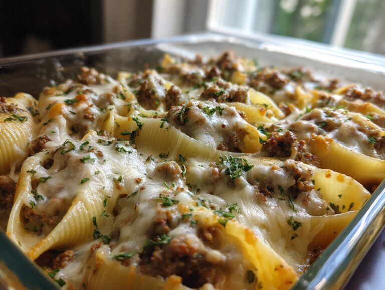 Close-up of baked French Onion Stuffed Shells topped with melted cheese and parsley.