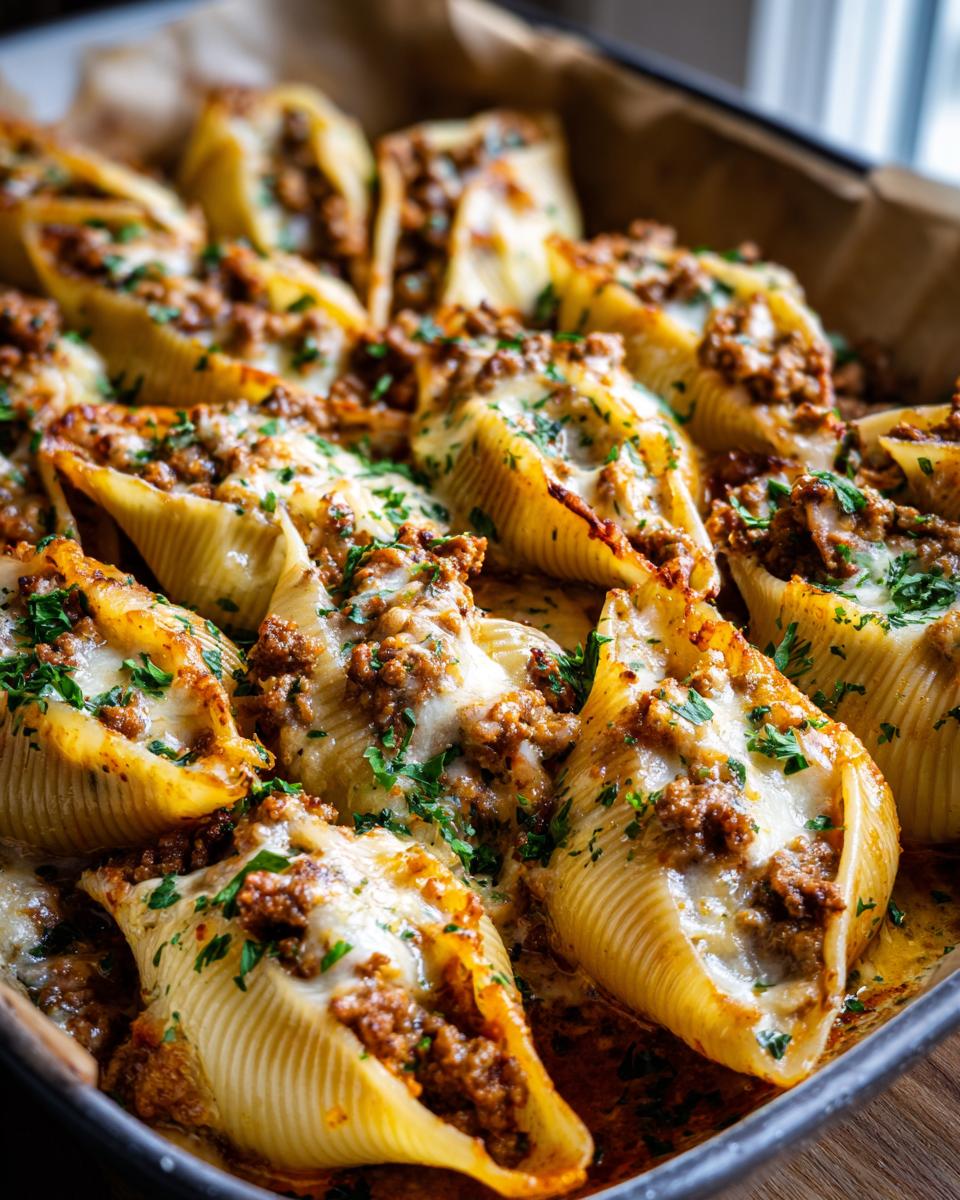 Close-up of baked French onion stuffed shells filled with ground beef and topped with melted cheese and parsley.