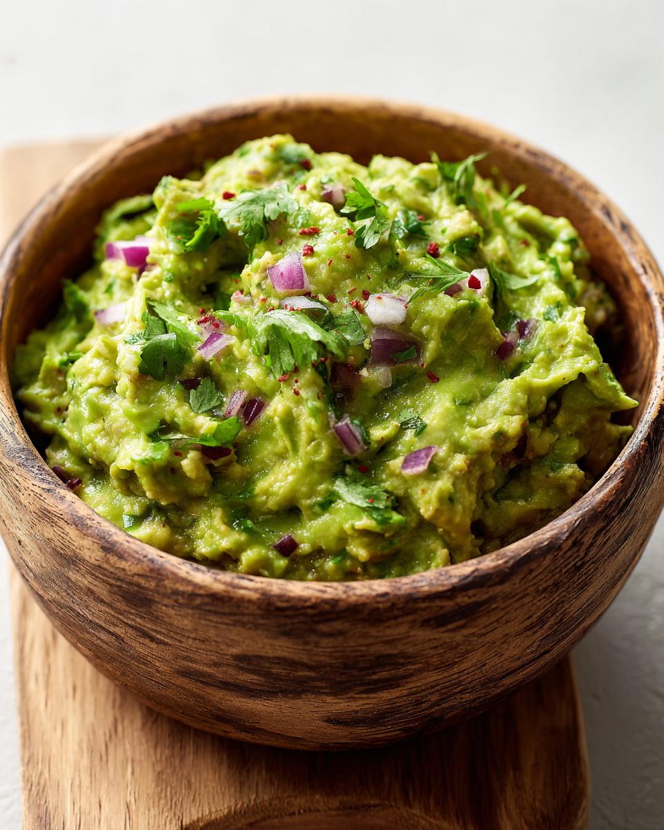 A close-up of creamy guacamole in a rustic wooden bowl, garnished with fresh cilantro and diced red onion.