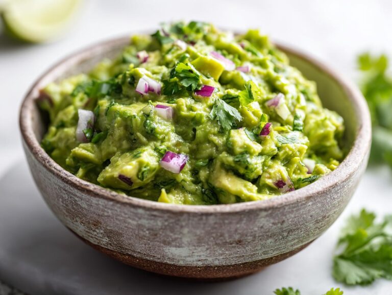 A close-up of a bowl of fresh guacamole, topped with chopped cilantro and red onion.
