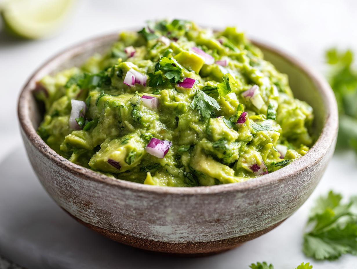 A close-up of a bowl of fresh guacamole, topped with chopped cilantro and red onion.