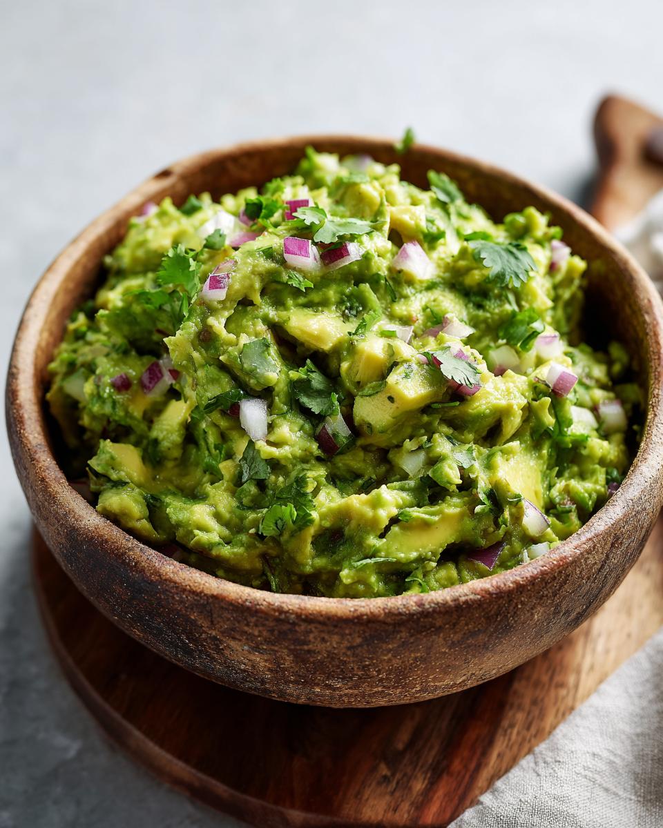 A close-up of fresh guacamole in a rustic wooden bowl, topped with chopped red onion and cilantro.