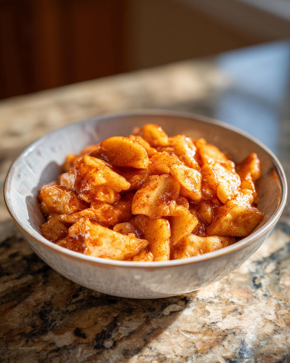 Close-up of warm, cinnamon-spiced fried apples in a rustic bowl, perfect for fall.