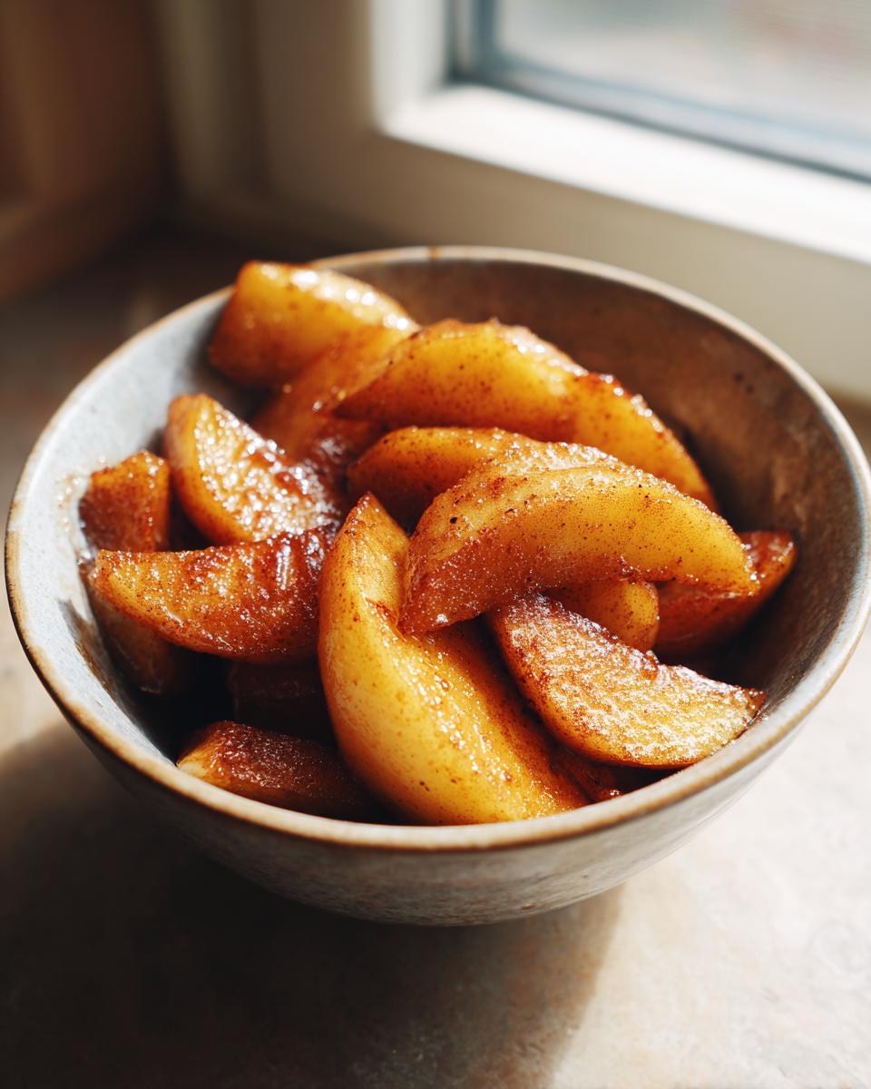 Close-up of warm, glistening fried apples dusted with cinnamon in a rustic bowl.