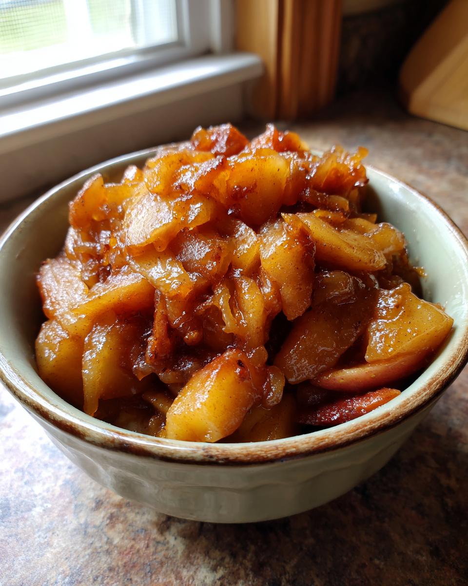 A bowl of warm, glistening fried apples seasoned with cinnamon, perfect for a fall treat.
