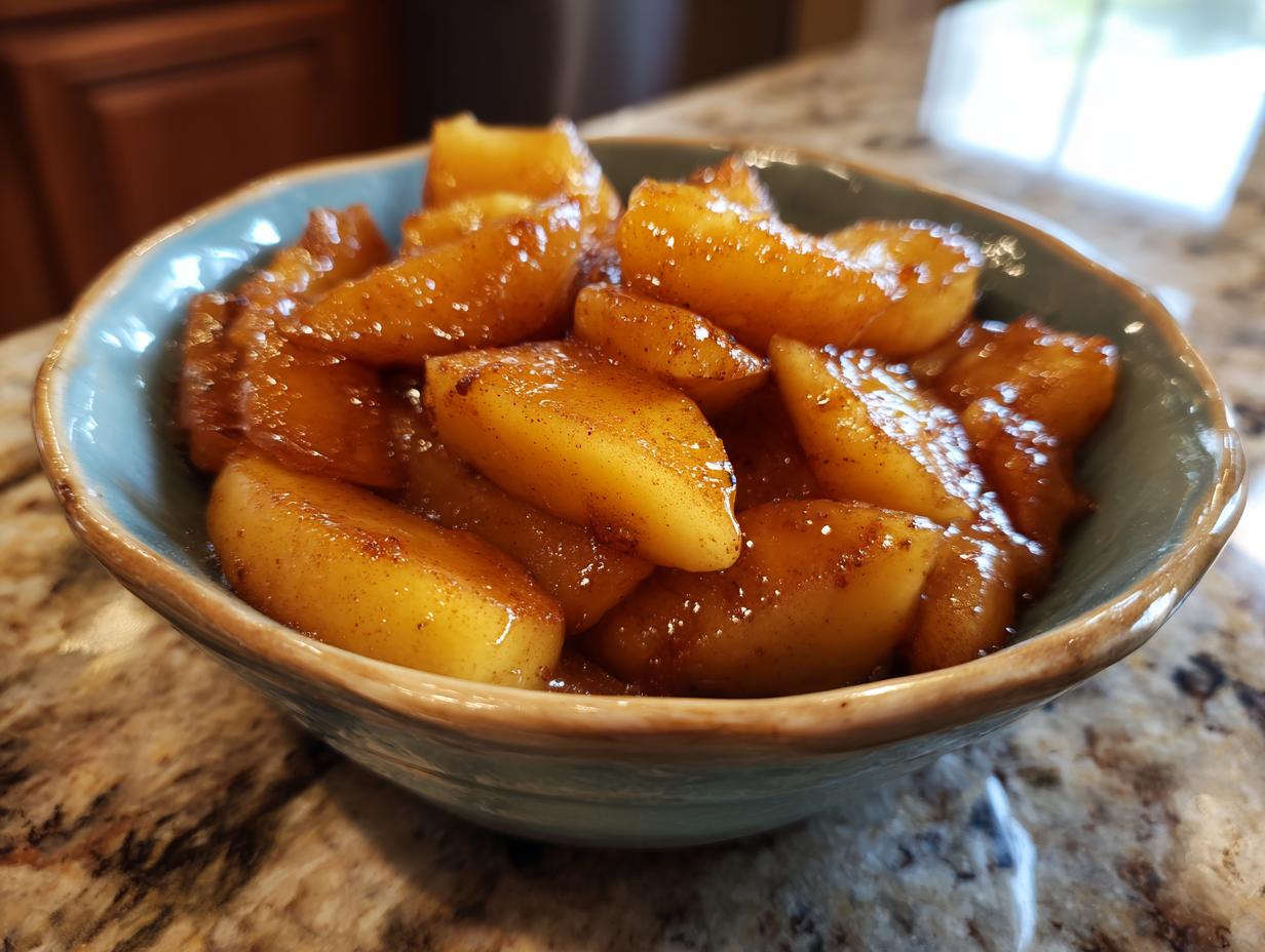 Close-up of warm, glistening fried apples seasoned with cinnamon in a rustic blue bowl.