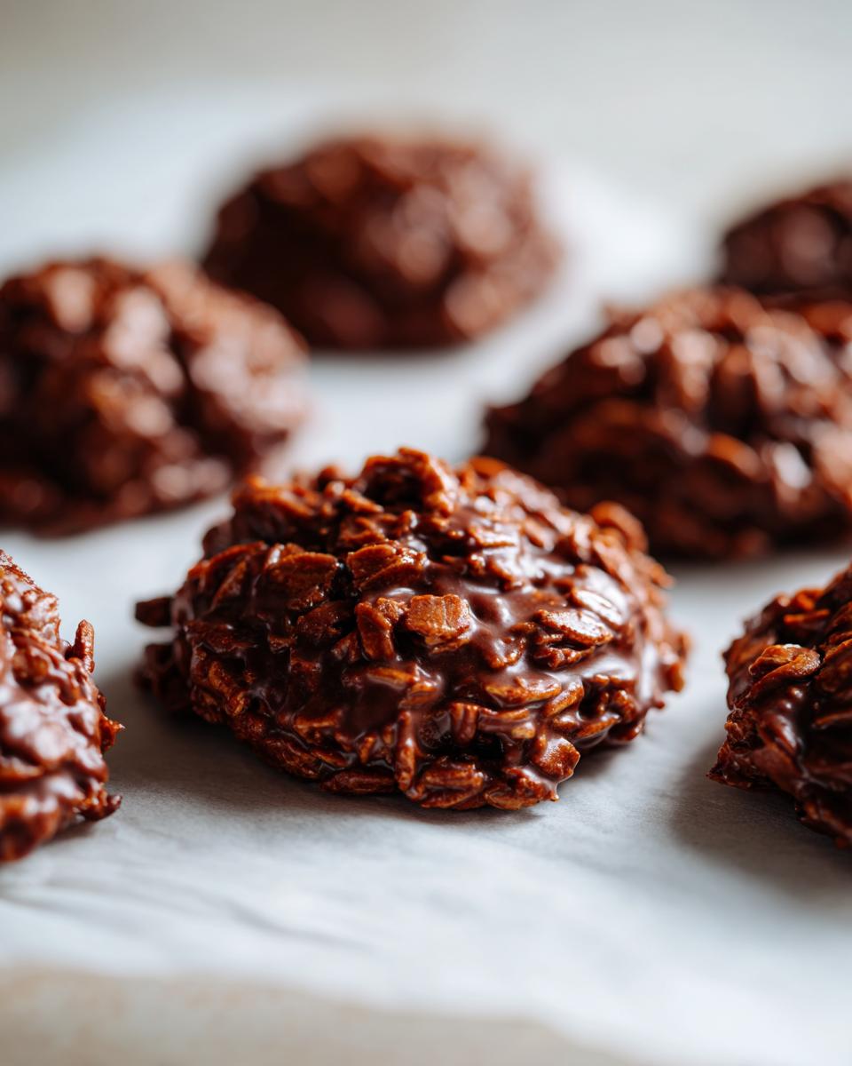 Close-up of several fudgy no-bake cookies made with chocolate and cereal.